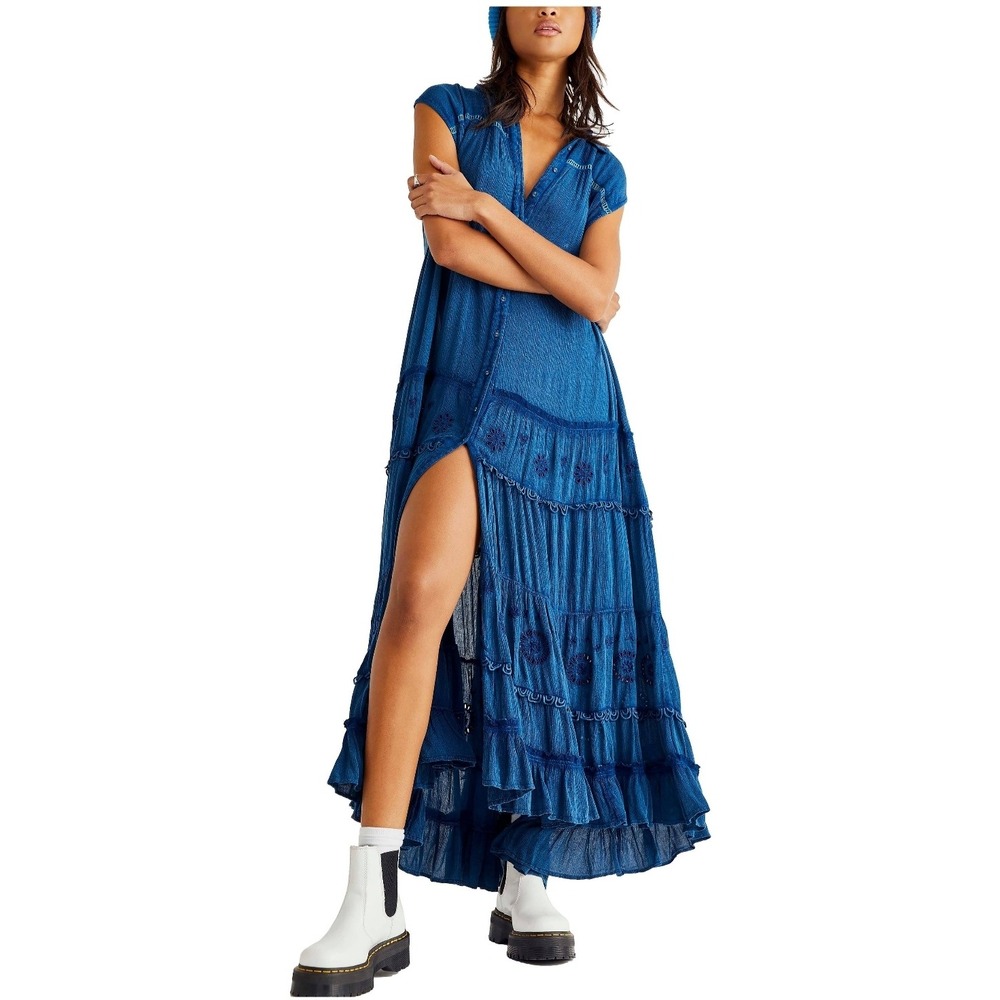 Free People Size XS Maxi Dress Pretty Cozy Indigo Blue Embroidered Tiered